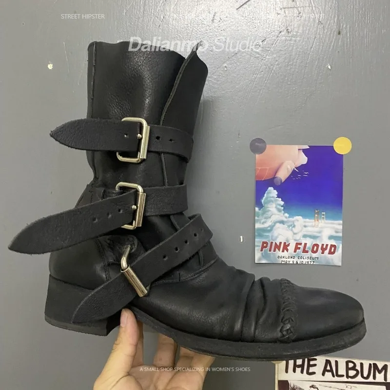 Men Fashion Vintage - Botas de moto de cuero genuino